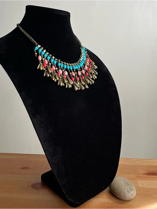 Antique-style brass beaded statement necklace with boho-style dangling charms - Picture 3 of 8